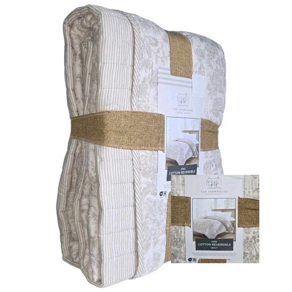 Rachel Ashwell Flax Cotton King Quilt Shabby Chic Reversible Sophia Toile Floral